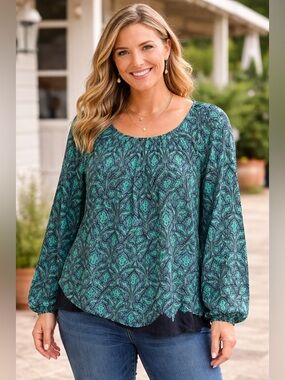 Apt. 9 Teal & Navy Printed Scoop-Neck Long-Sleeve Blouse size 2X